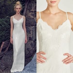 Theia Camila Sequin Embellished and Lace Ivory White Maxi Dress Size 10